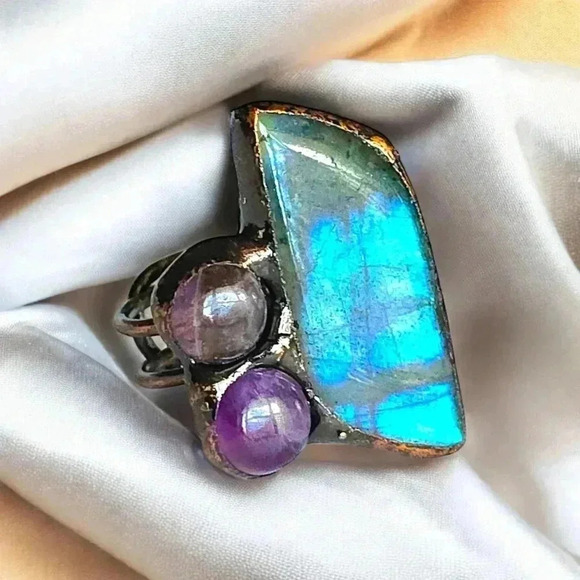 🆕️Boho Chic Labradorite & Amethyst Adjustable Copper Ring Rustic Vintage Style - Picture 1 of 17